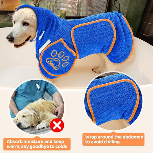 2XL) SlowTon Dog Bathrobe Drying Coat Super Absorbent Microfiber Towel Wrap with Adjustable Collar & Belly Strap, Fast