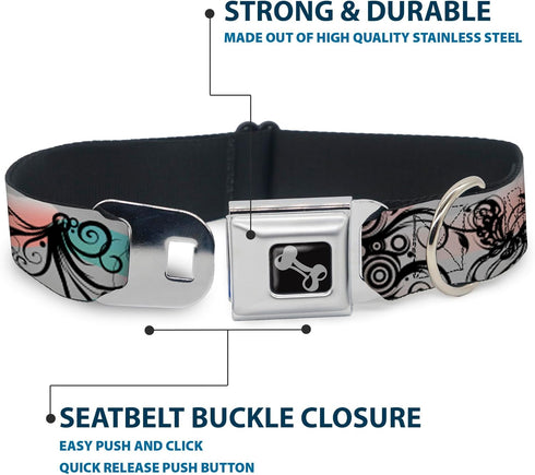 Buckle-Down Seatbelt Buckle Dog Collar - Flowers w/Filigree Pink, 1" Wide, Fits 11-17" Neck