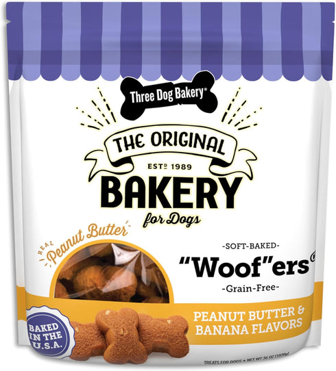 Three Dog Bakery Grain Free Woofers - Peanut Butter & Banana Flavor, 36 Ounce Bulk Resealable Pack