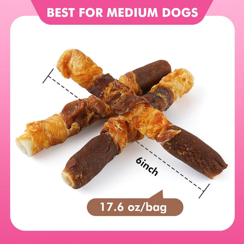 6 Inch 17.6 oz Dog Treats, Triple Flavor Rawhide Rolls, Chicken Duck and Chicken Liver Wrapped Rawhide Dog Chews