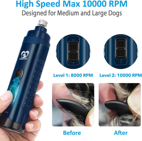 Casfuy Dog Nail Grinder with 2 LED Light - 4.8V Powerful 2-Speed Electric Nail Trimmer for Medium Large Dogs