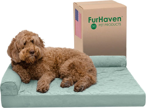 Furhaven Orthopedic Dog Bed for Large/Medium Dogs - Pinsonic Quilted Paw L Shaped Chaise, Removable Bolsters, Washable