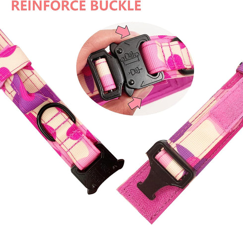 Tactical Dog Collar, Military Adjustable Nylon Dog Collar with Heavy Duty Metal Buckle (Pink Camo, M)