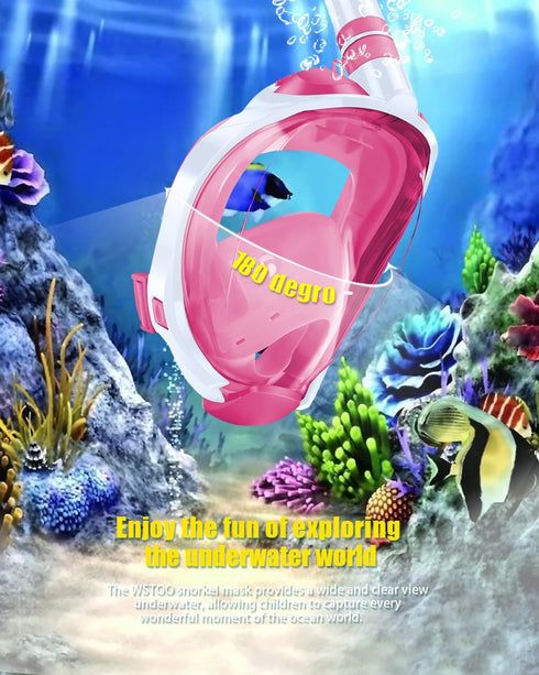 W WSTOO Kids Full Face Snorkel Mask with Dry Top Safe Breathing System, 180 Degree Panoramic View Snorkeling Gear
