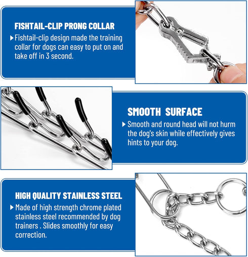 Dog Prong Collar, Dog Pinch Training Collar with Quick Release Clip, Adjustable Stainless Steel Links with Rubber Tips, Choke Collar for Small Medium Large Dogs(Packed with 8 Extra Tips)