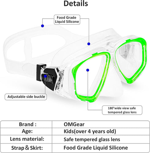 Goggles Kids Swimming Silicone Swim Mask, Snorkeling Gear with Tempered Glass and Cute Neoprene Mask Strap.