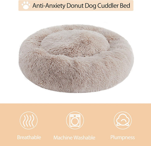 WNPETHOME Calming Dog Bed Cat Bed Donut, Faux Fur Self-Warming Cuddler, Round Plush (30 x 30 x 10 Inch, Brown)