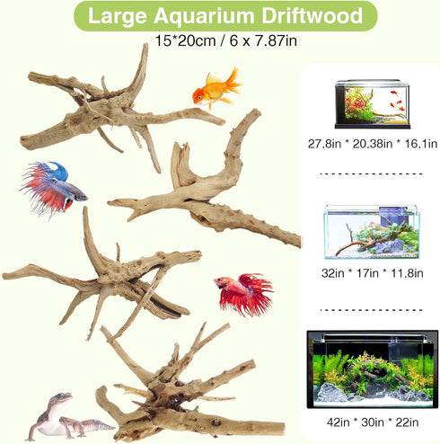Tfwadmx Natural Driftwood for Aquarium, 6-8" 4 Pcs Wood Aquarium Decorations, Fish Tank Log Reptile Tree Branches