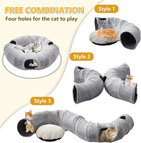 Cat Tunnel Bed for Indoor Cats - Cute Cat Donut Tunnel with Washable Circle Cushion, Round Pet Play Tunnel Toy