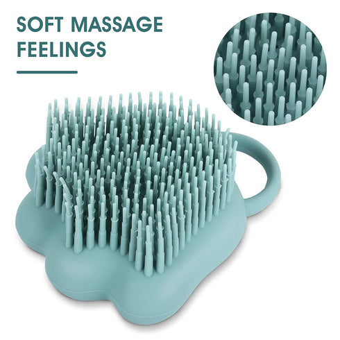 Dog Cat Bath Brush Comb - Silicone Rubber Grooming Brush with Soft Shampoo Dispenser (Blue Paw Shape)