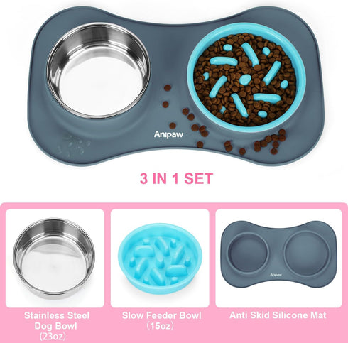 Slow Feeder Dog Bowls 3 in 1 - Stainless Steel Food and Water Bowls with Non-Spill Silicone Mat for Dogs and Cats