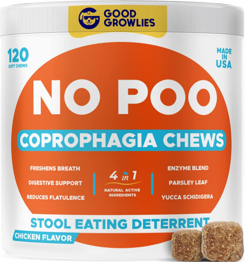 Chew No Poo - Coprophagia Treatment for Dogs, Natural Stool Eating Deterrent + Breath Aid, Probiotics & Digestive