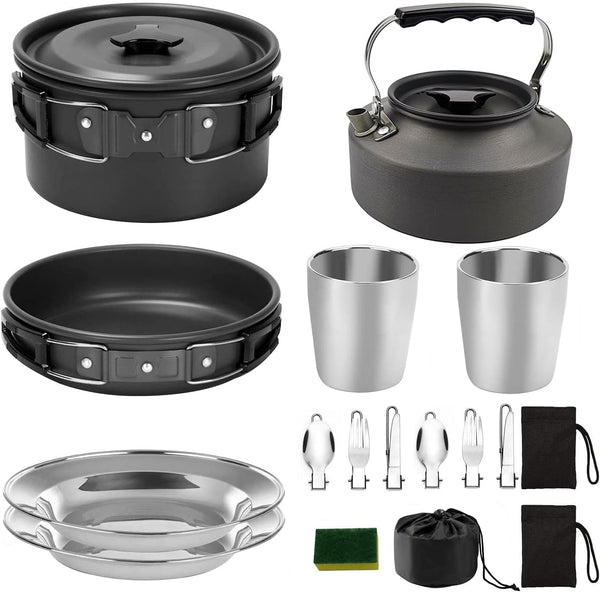 Peidesi 15pcs Camping Cookware Mess Kit - Portable Non-Stick Aluminum Alloy Cookware for Outdoor Cooking