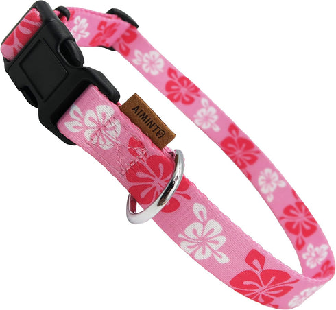 Cute Floral Pattern Dog Collar, Soft Adjustable Collar with Quick Release Buckle (XS, Hawaiian Pink, Neck 9-13", Width