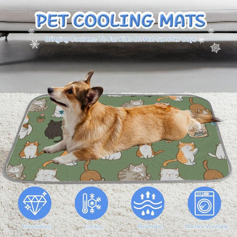 imiBBWQu Summer 27" 22" Dog Cooling Mat Cute Cats Green White Dog Cooling Mat Pad Washable Pad for Outside Beds