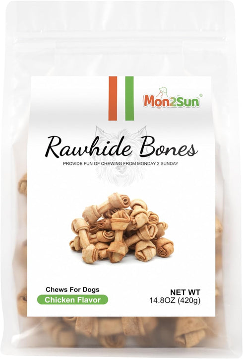 MON2SUN 2.5 Inch 60 Count Dog Rawhide Knot Bones Small Rawhide Bones Mini Chews Chicken Flavour for Puppy and Small