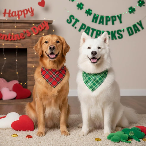 Weewooday 50 Pets(31.5 21.7 21.7 Inch) Pcs Valentine's & St. Patrick's Day Dog Bandanas Bulk Red & Green Plaid Bandanas