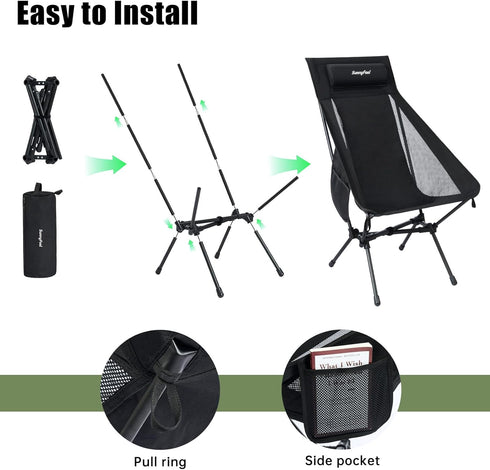 Backpacking SUNNYFEEL High Back Portable Camping Chair, Lightweight Folding Chair with Head Support, Compact Chair