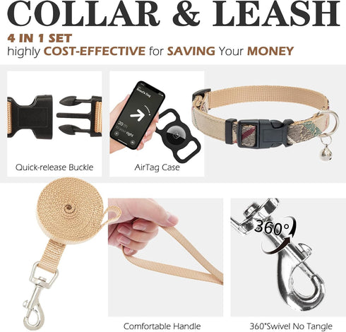 EXPAWLORER Khaki Small Dog Harness and Leash Set with AirTag Holder, Soft Padded No Pull Reflective Vest for Medium Dogs
