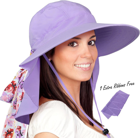 Solaris Women's Floral Scarf Wide Brim Sun Hat, Foldable UV Protection Cap with Neck Flap for Garden Beach Hiking