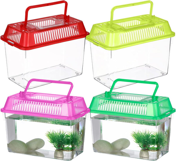 NOLITOY 4pcs Mini Fish Tank, Plastic Fish Box Breeding Case with Handle for Shrimp, Turtle, Goldfish
