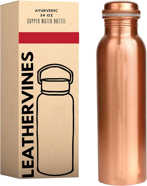 Pure Copper Water Drinking Bottle - Large Handcrafted Ayurvedic Leak Proof 34oz Copper Vessel for Drinking Water