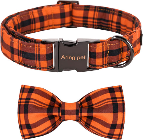 ARING PET Cute Fall Dog Collar with Bow, Adjustable Halloween Orange Grid Bowtie Collar for Small Medium Large Dogs