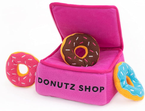 ZippyPaws Burrow Food Buddies Donutz Box - Interactive Hide and Seek Dog Toys, Colorful Squeaky Plush Puzzles for Small
