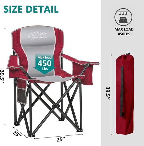 500 LBS, Camping Chair Portable Folding Outdoor Chair Heavy Duty Padded Chairs Lawn Chair with Cup Holder, Storage