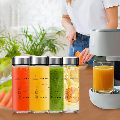 12oz 4 Pack Juice Bottles - Wide Mouth Glass Bottles with Lids- BPA Free, Stainless Steel Lids for Juicing, Smoothies