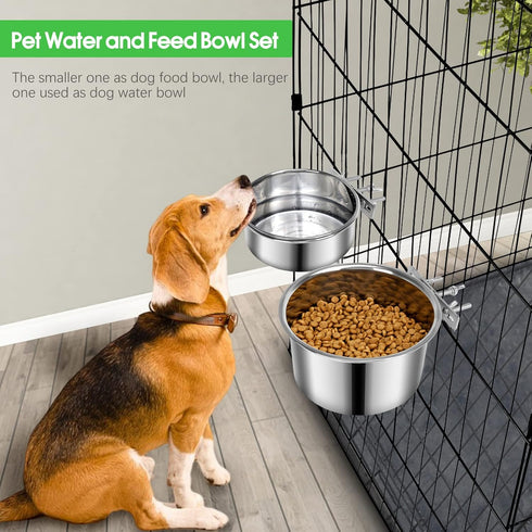 Dog Food Water Bowl for Cage with Clamp Holder, Stainless Steel Hanging Bowls, Non-Spill for Small Medium Large Dogs