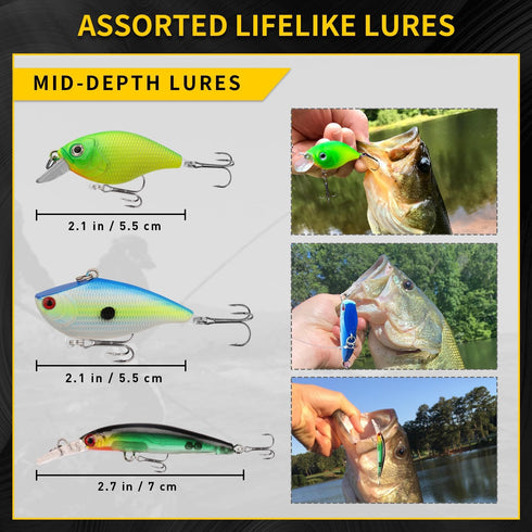 GOTOUR Fishing Lures Accessories Kit with Tackle Box, Fishing Hooks Minnow Crankbait Frog Popper Lure Worm Fishing