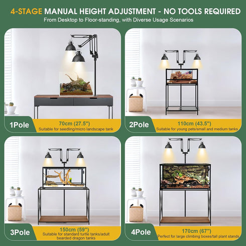 Stand,15.7-74.3 Inch Stand,360 MECESOR Dual Reptile Lamp Height Adjustable Reptile Light Sewing Flexible Arms,Heat Lamp