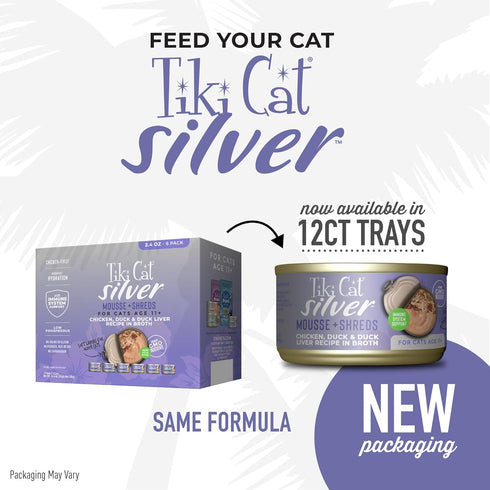 Tiki Cat Silver Comfort Mousse + Shreds, Chicken & Duck and Duck Liver, Immune Support for Older Cats Aged 11+, 2.4 oz