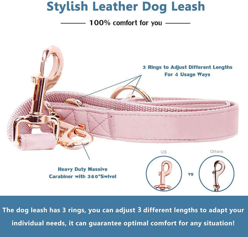 Soft Leather Dog Collar and Leash Set (6.6') - Stylish Rose Gold Heavy Duty Metal Buckle, 4 Adjustable Lengths for