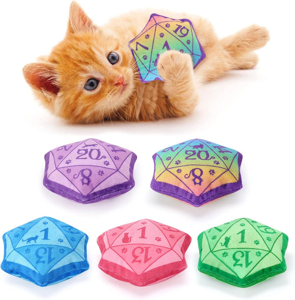 CiyvoLyeen D20 Dice Catnip Toy, Interactive Plush Catmint Toy for DND Role Playing, Set of 5