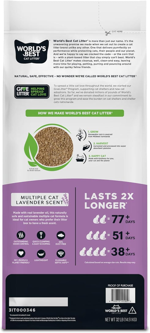 WORLD'S BEST CAT LITTER Multiple Cat Lavender Scented, 32-Pounds, Quick Clumping, Flushable, 99% Dust Free