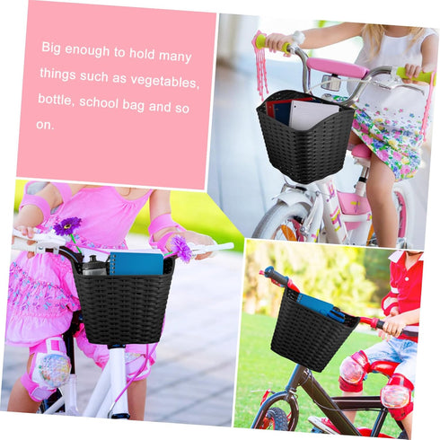 NOLITOY Bike Front Carrier Basket Braided Plastic Bike Vegetable Basket Black Retro Style Front Handlebar Storage