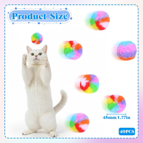 Qulkws 40 1.7" Pcs Soft Plush Cat Ball Toy Kitty Yarn Puffs Rainbow Pom Pom Cat Toy Balls Small Plush Soft Balls Fuzzy