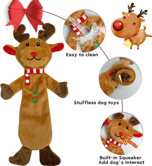 MISS FANTASY Christmas Dog Toys - 4 Pack Stuffless Rope Toys for Aggressive Chewers, Plush Squeaky Teething Toys