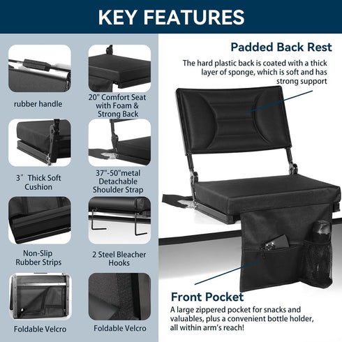 KENSOSO Extra Wide Stadium Seat with Back Support | Adjustable High Back & Thick Padded | Bleacher Chairs with back