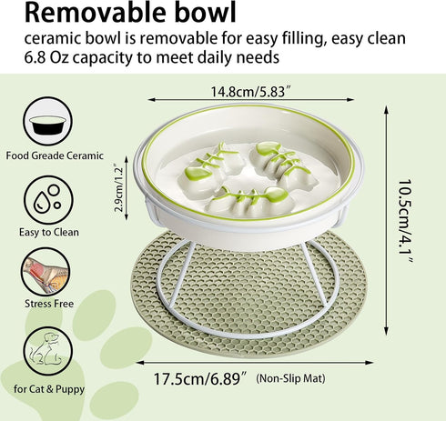 Raised Cat Dog Slow Feeder Bowl with Stand,Elevated Cat Food Bowl Shallow Design,Slow Down Eating Speed of Pets,No Whisker Fatigue Ceramic Cat Puzzy Feeder, Against Bloat,Indigestion, Easy to Clean