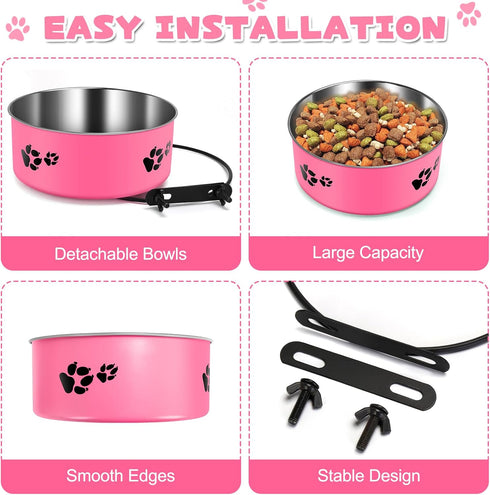 2 Pack Mountable Stainless Steel Kennel Bowls for Dogs, No Spill Hanging Water Bowls with Clamp Holder (Hot Pink)