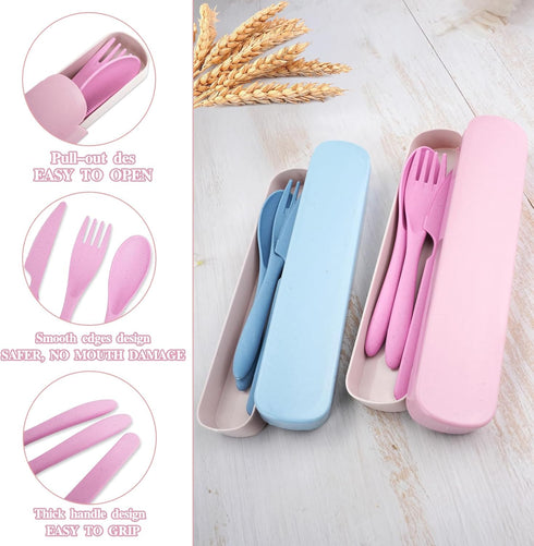Set, 2 Sets Set JEPELUS Cutlery Portable Travel Utensils with Case, Reusable Wheat Straw Utensils Fork Spoon Knife