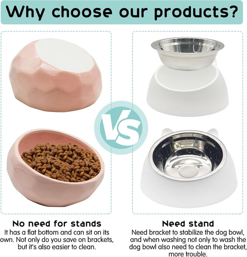 kathson Ceramic Slanted Dog Bowl, Cat Food Water Bowls Dish, Tilted 15° Pet Comfort Feeding Bowls (Pink)
