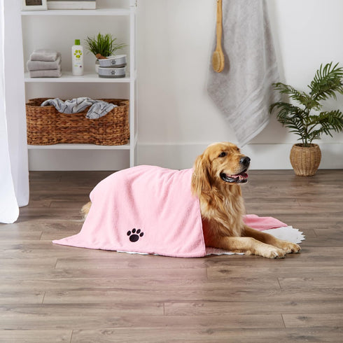 Bone Dry Pet Grooming Towel Collection - Absorbent Microfiber X-Large, 41x23.5", Embroidered Pink