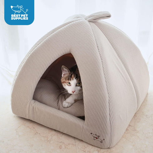 Pet Tent Soft Bed for Dog and Cat by Best Pet Supplies, Beige Corduroy, 19" x 19" x H:19"