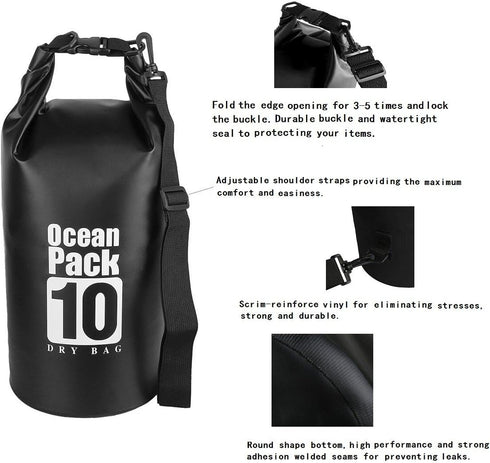 Sportmusies Waterproof Dry Bag - 10L Roll Top Dry Compression Sack for Kayaking, Beach, Rafting, Hiking