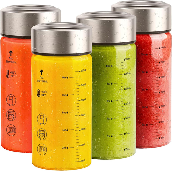 Sursip 12 oz Glass Juice Bottles 4 Pack Wide Mouth Bottles with