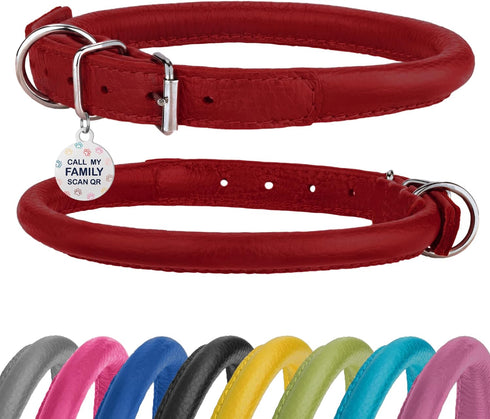 BronzeDog Rolled Leather Dog Collar - Round Rope for Small Medium Large Dogs Puppy Cat, Red Pink Blue Teal Brown Rose